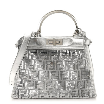 FENDI PVC Vitello Catalan Mirror Sequin FF Medium Peekaboo Iconic Satchel Argento