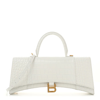 BALENCIAGA Shiny Calfskin Crocodile Embossed Tonal B Hourglass Stretch Top Handle Bag White