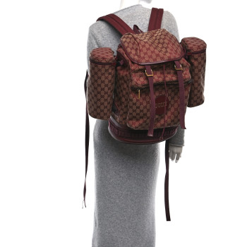 GUCCI GG Monogram Script Logo Large Double Pocket Backpack Sahara Rubino Bordeaux