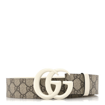 GUCCI GG Supreme Monogram Plutone Calfskin Enamel Double G 40mm Belt 120 48 Beige Ebony Mystic White