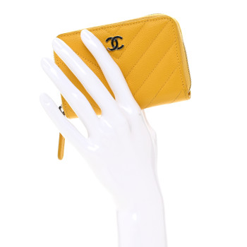 CHANEL Caviar Chevron Quilted Zip Coin Purse Yellow
