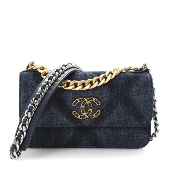 CHANEL Denim Quilted Chanel 19 Flap Phone Holder With Chain Blue