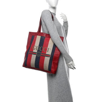 GUCCI Canvas Calfskin Sylvie Stripe Logo Mens Tote Red White Blue