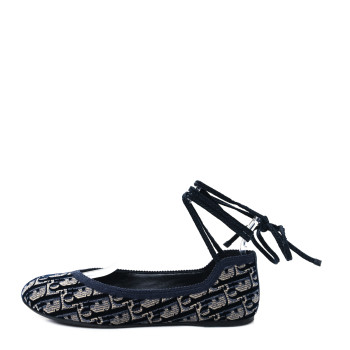 CHRISTIAN DIOR Velvet Oblique Poeme Laced Ballerina Flats 37.5 Deep Blue
