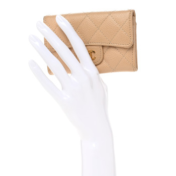 CHANEL Caviar Quilted Card Holder Wallet Beige