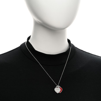 TIFFANY Sterling Silver Enamel Return to Tiffany Double Heart Tag Pendant Necklace Red