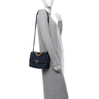 CHANEL Goatskin Quilted Medium Chanel 19 Flap Navy Blue