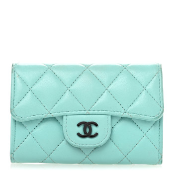 CHANEL Lambskin Quilted Flap Card Holder Wallet Turquoise