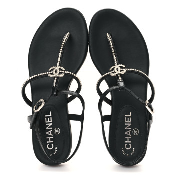 CHANEL Lambskin Strass CC Thong Sandals 36.5 Black