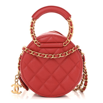 CHANEL Caviar Quilted Chain Handle Round Clutch With Chain Bag  Red