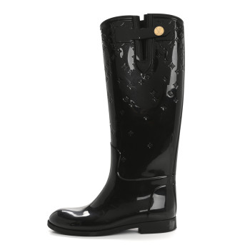 LOUIS VUITTON Rubber Embossed Monogram Drops High Rain Boots 37 Black