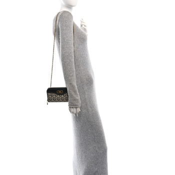 SALVATORE FERRAGAMO Canvas Calfskin Gancini Wallet On Chain Black Beige