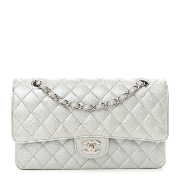 CHANEL Glittered Metallic Caviar Quilted Medium Double Flap Silver
