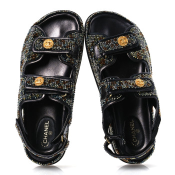 CHANEL Grained Calfskin Crystal Velcro Dad Sandals 40 Black Multicolor