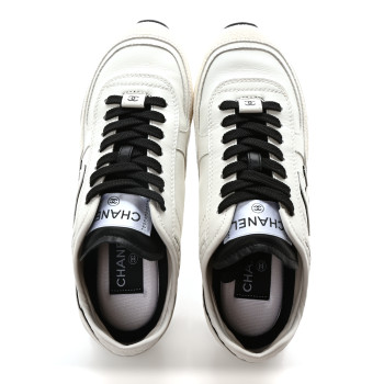 CHANEL Calfskin Suede CC Womens Sneakers 36 White Black