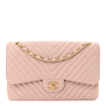 CHANEL Calfskin Chevron Quilted Jumbo Double Flap Light Pink