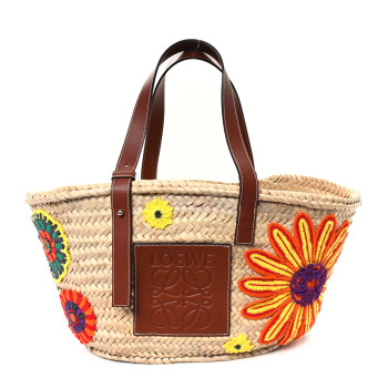 LOEWE Raffia Floral Embroidered Medium Basket Tote Bag Natural Tan
