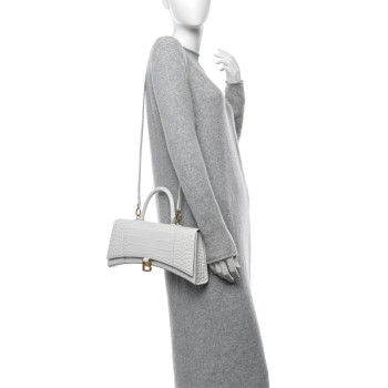 BALENCIAGA Shiny Calfskin Crocodile Embossed Tonal B Hourglass Stretch Top Handle Bag White