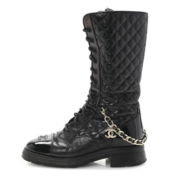 CHANEL Shiny Calfskin Patent Quilted Chain Lace Up Combat Long Boots 38.5 Black