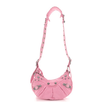 BALENCIAGA Washed Frayed Denim Crystal Le Cagole Shoulder Bag XS Denim Pink