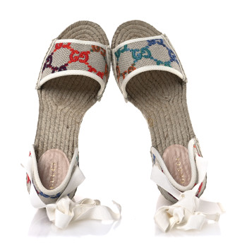 GUCCI Linen Psychedelic Mini GG Monogram Ankle Wrap Platform Espadrille Wedge Sandals 39 Multicolor Mystic White