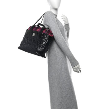 CHANEL Glazed Calfskin Quilted Tweed Portobello Tote Black Pink