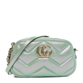 GUCCI Iridescent Nappa Chevron Matelasse Small GG Marmont Chain Shoulder Bag Iridescent Salvy Green