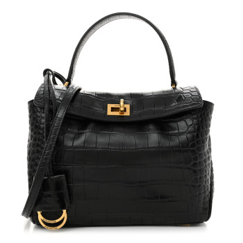 BALENCIAGA Shiny Calfskin Crocodile Embossed Mini Rodeo Top Handle Handbag Black
