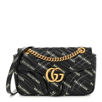 GUCCI X BALENCIAGA Calfskin Matelasse Logo Print Small GG Marmont Shoulder Bag Black