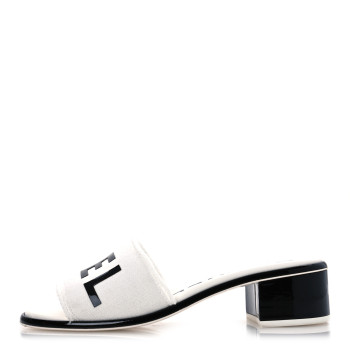 CHANEL Cotton Logo Mule Sandals 39 White Black