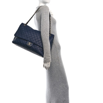 CHANEL Metallized Calfskin Quilted XXL Travel Flap Bag Navy