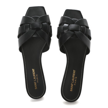 SAINT LAURENT Calfskin Tribute 05 Slide Sandals 38 Black