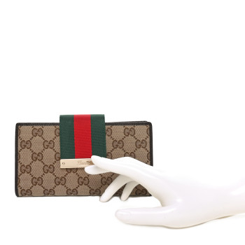 GUCCI Monogram Calfskin Ladies Web Continental Wallet Beige Ebony Cocoa