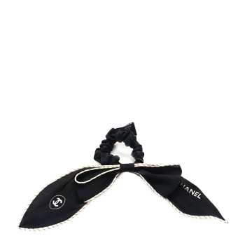 CHANEL Silk CC Bow Hair Tie Black Ecru