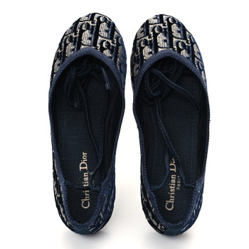 CHRISTIAN DIOR Velvet Oblique Poeme Laced Ballerina Flats 37.5 Deep Blue