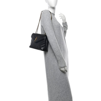 SAINT LAURENT Calfskin Y Quilted Monogram Small Loulou Chain Satchel Black