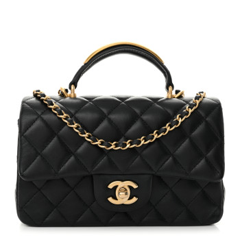 CHANEL Lambskin Quilted Metal Mini Top Handle Rectangular Flap Black