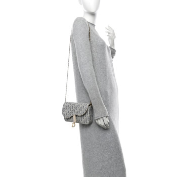 CHRISTIAN DIOR Chambray Raffia Effect Oblique Medium Saddle Pouch With Chain Blue Light Biscuit