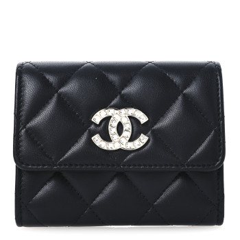 CHANEL Lambskin Quilted Flap Baguette Crystal Card Holder Wallet Black