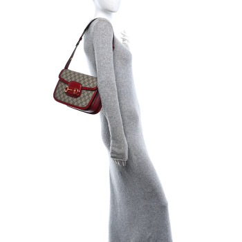 GUCCI GG Supreme Monogram Azalea Calfskin Horsebit 1955 Shoulder Bag Beige Ebony New Cherry Red