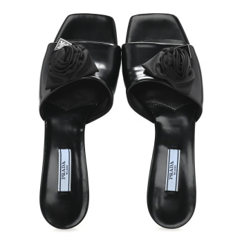 PRADA Spazzolato Nylon Flower Metal Triangle Logo Slide Sandals 37 Black
