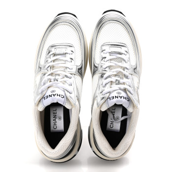 CHANEL Fabric Laminated Calfskin Stretch CC Womens Sneakers 40 White Silver