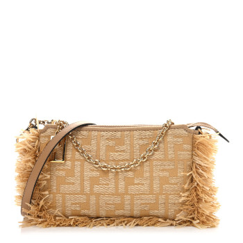 FENDI Jacquard Raffia Vitello FF Baguette Chain Pouch Beige