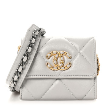 CHANEL Lambskin Quilted Chanel 19 Flap Coin Purse With Chain Grey