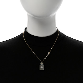 CHANEL Resin Strass Pearl Perfume Bottle CC Necklace Black Gold