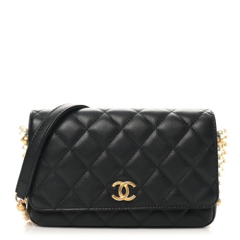 CHANEL Calfskin Quilted Pearl Wallet On Chain WOC Black