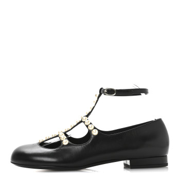 CHANEL Goatskin Pearl Mary Janes Flats 39.5 Black