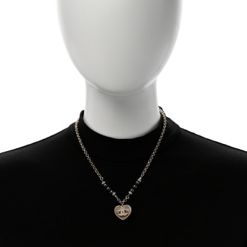 CHANEL Pearl Resin Crystal Heart CC Pendant Chain Necklace Ruthenium Light Gold