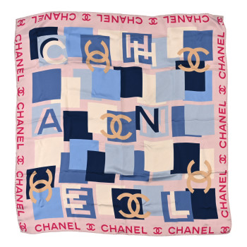 CHANEL Silk CC Square Scarf Pink Blue