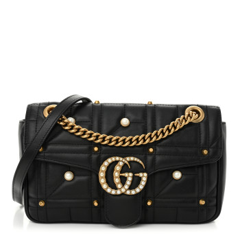GUCCI Calfskin Matelasse Studded Small Pearly GG Marmont Shoulder Bag Black